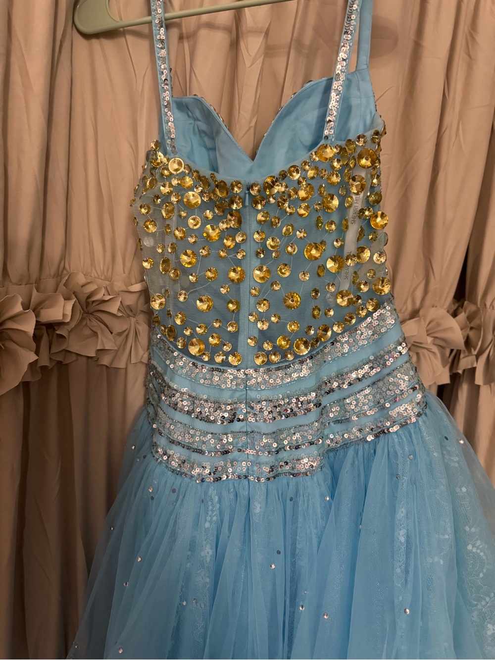 Sherri Hill Light Blue and Gold Beaded High-Low Prom Dress - Picture 6 of 12